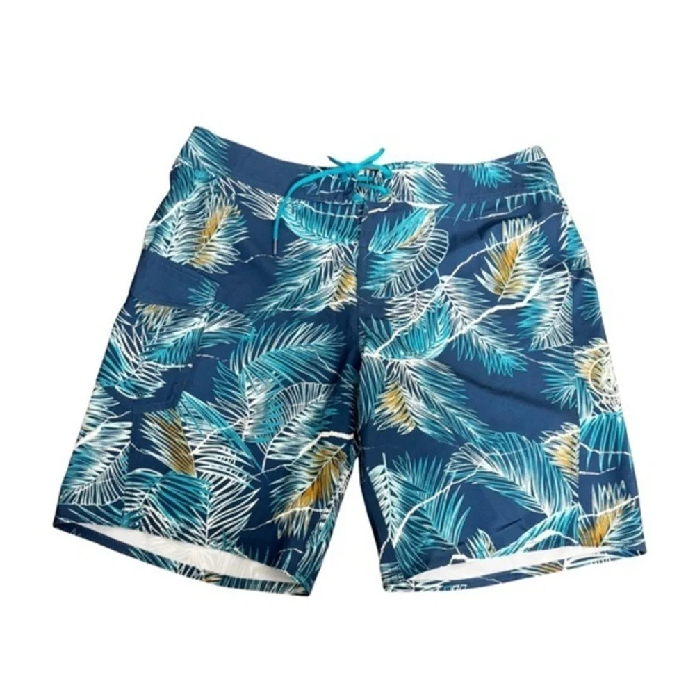 Volcom Blue and Yellow Leaf Pattern Swim Shorts Boardshorts Size 36